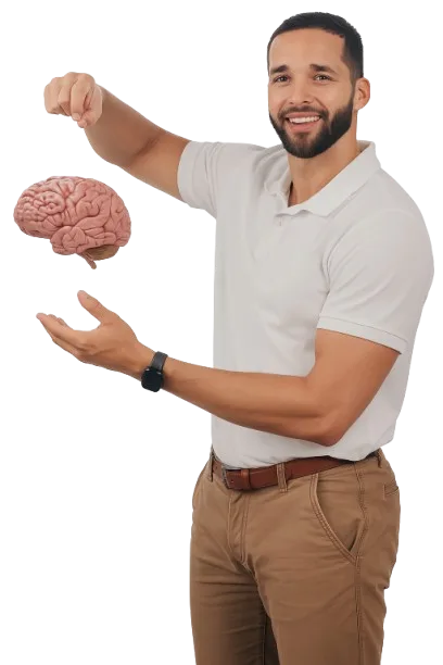 A smiling man, a neurologist, holds a human brain model between his open hands.