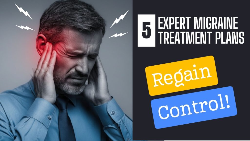 A man is touching head for migraine pain, and on the right side it says 5 migraine treatment plans to regain control